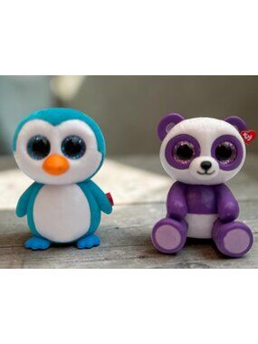 TY Beanie Boos Mini Penguin & Panda Figurines With Glitter Eyes - Blue & Purple